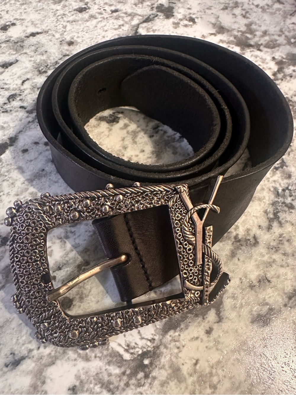 Saint Laurent Black Leather Belt with Ornate Silver Buckle